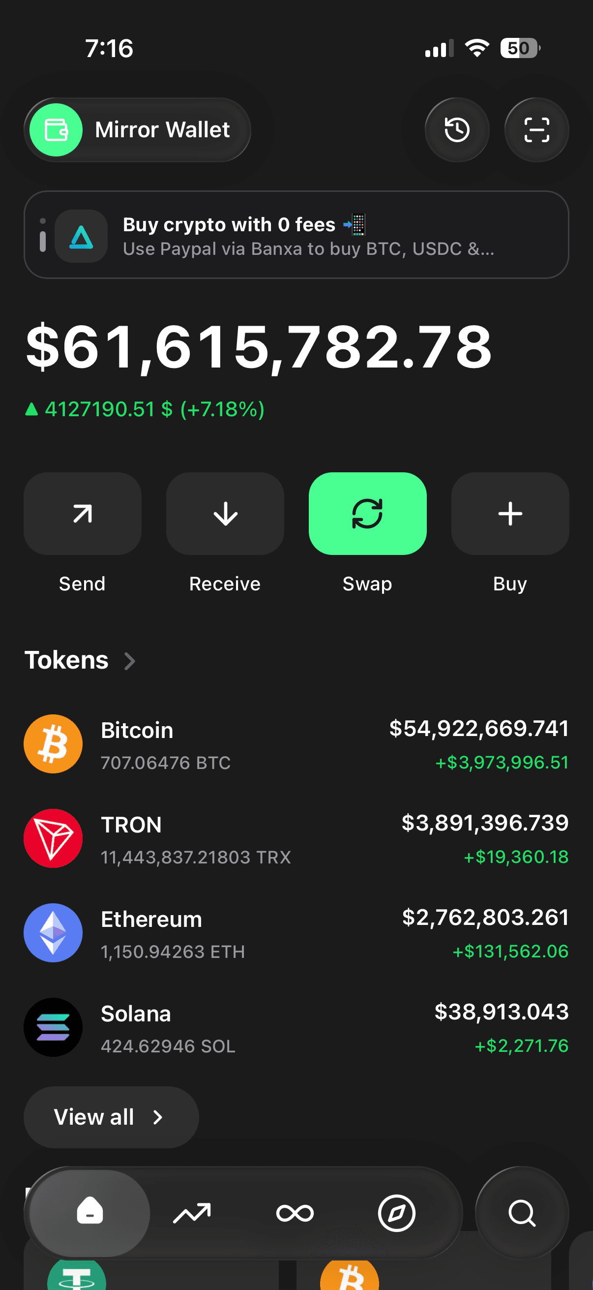 Главный экран кошелька в стиле Trust Wallet